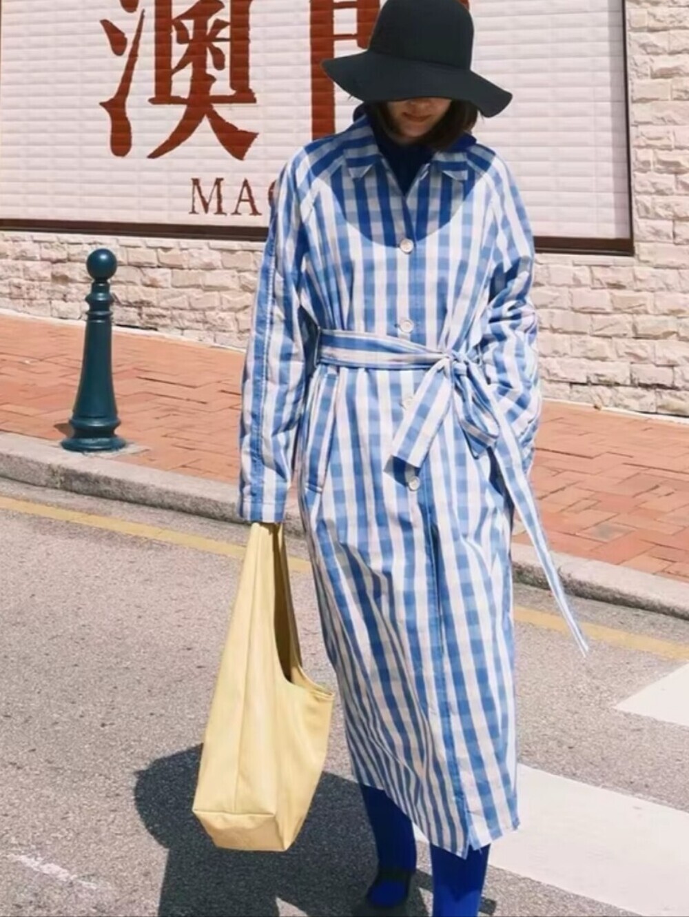 Women's Jacket Autumn New Blue Plaid Long-Sleeve Trench Coat with Belt Loos